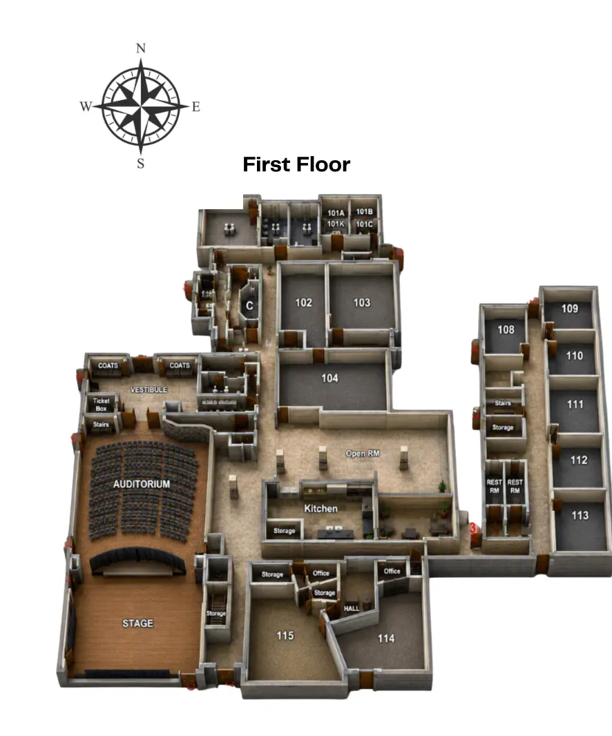 First floor plan: auditorium and stage, vestibule and ticket box, kitchen, open room, and suites 101 through 115