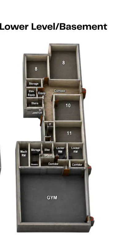 Lower level and basement floor plan: rooms 8, 10 and 11, locker rooms, mechanical room and the gym