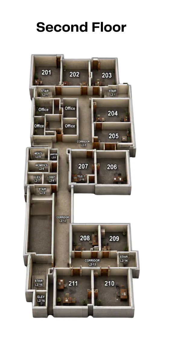 Second floor plan: suites 201 through 211, offices, lobby, elevator and restrooms