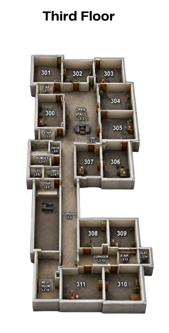 Third floor plan: suites 300 through 311, open space, lobby, elevator and restrooms