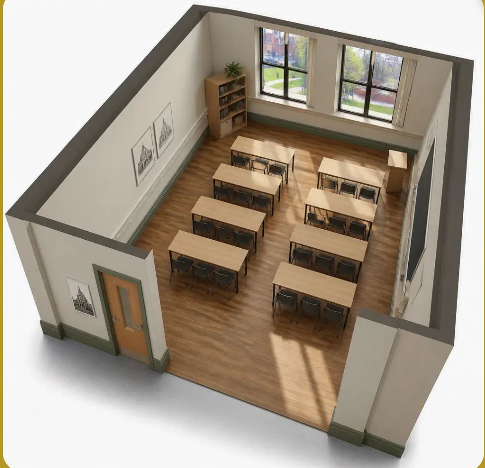Rendering of a suite laid out as a training room with rows of tables, a bookcase and two tall windows