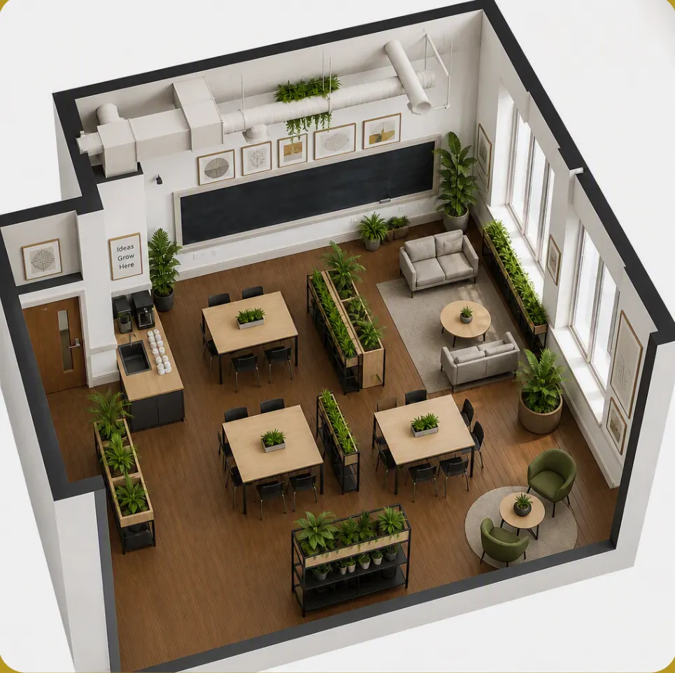 Rendering of a suite laid out as a creative lounge with work tables, sofas, plants, a coffee bar and a chalkboard wall