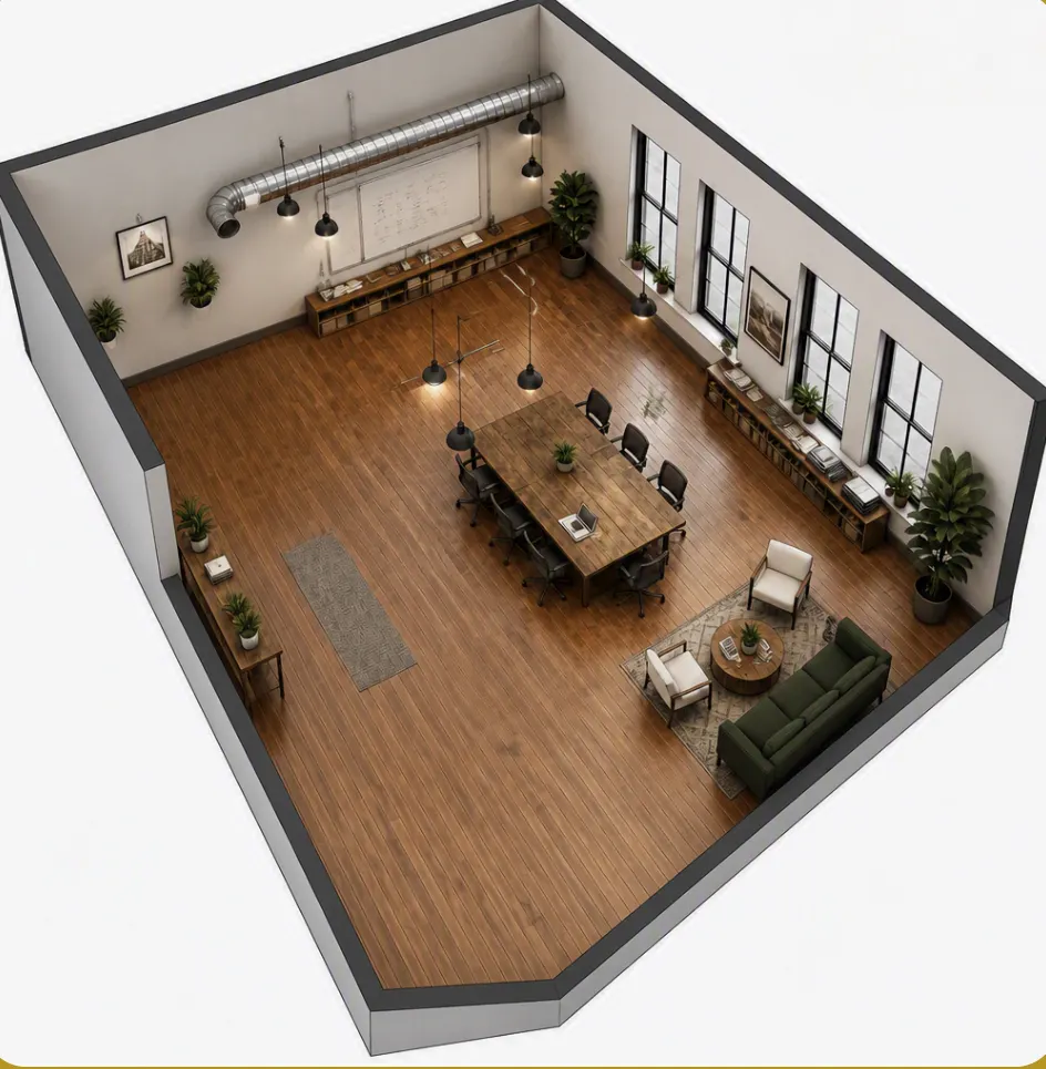 Rendering of a large open suite with a conference table, a lounge corner and a wall of windows
